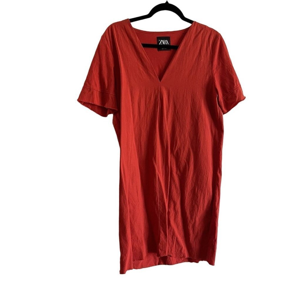 Zara Women L Red Cotton Short Sleeve Raw Hem Pullover V-Neck Shift Dress - Picture 2 of 10